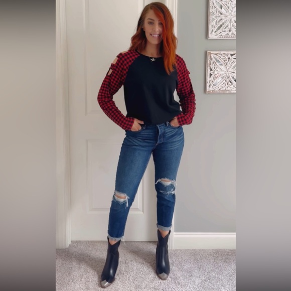 Women’s “CHECKED ALL THE BOXES TOP” Black & Red Checkered Long Sleeve Tee Size L - Picture 8 of 17